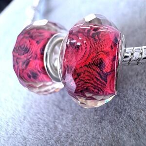 Red Rose Floral Spacer Faceted Bead Charm Set fits PANDORA